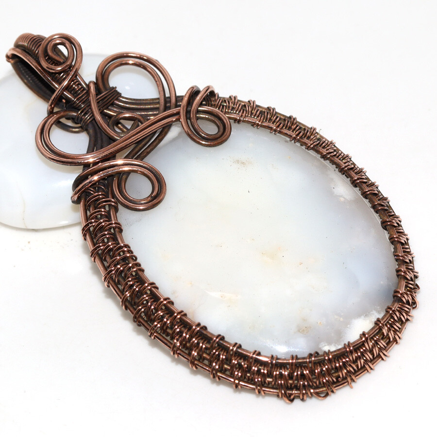 Dendritic Opal Ethnic Copper Wire-Wrapped Pendant Handmade Jewelry Size 3