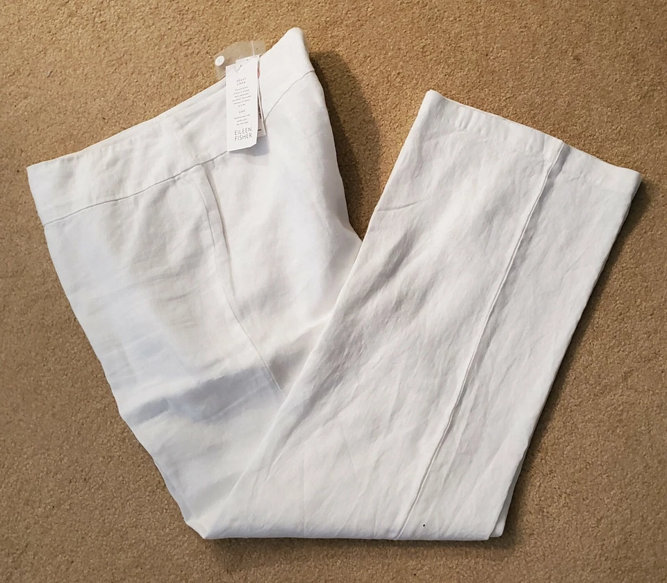 NUEVO NUEVO CON ETIQUETAS Eileen Fisher Blanco Lino Pesado Pierna Ancha Pantalón Yugo Cintura Pantalones Talla 12