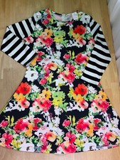 New Women’s Fit & Flare LS Dress Size L Bright Floral Colors—FUN!!*