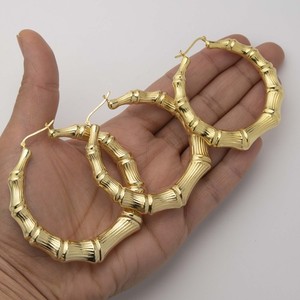 Authentic Graduated Diamond-Cut Bamboo Hoop Earrings 14K Yellow Gold-Plated Silver 925