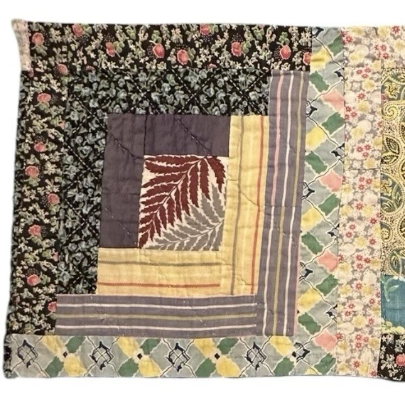 Vintage Cutter Quilt Piece 10” x 29” Log Cabin Feed Sack Fabrics #2 - Image 2 of 4