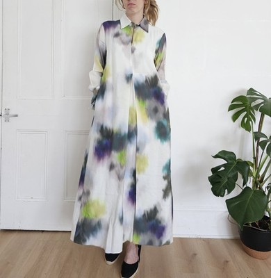 COS Maxi Hemdblusenkleid Mehrfarbig Morgenmantel Gr. 34 UK 8 A-Linie Lang Weiß 