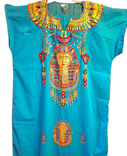 Spectacular Turq Cotton Caftan L Ancient Egyptian Designs inBeads, Sequins,Gold