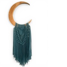 Boho Crescent Moon Macrame Wall Hanging Teal Handmade Wood Celestial Decor