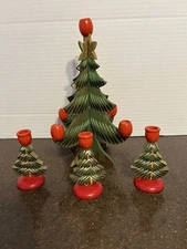 Vtg Wooden Christmas Tree Candle Holder Sweden 9 Inch Main Tree 3 inch Set of 3