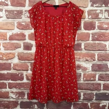 AB Studio Dress Womens 14 Red Multicolor Floral Abstract Short Sleeves Casual