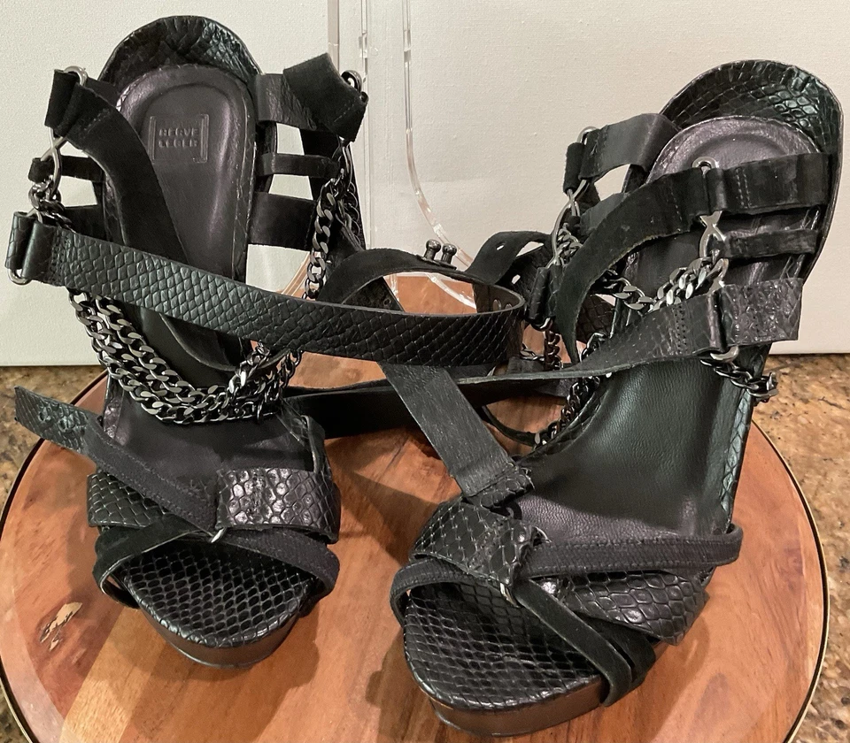 Herve Leger Black Python Embossed Strap Stilettos Made In Brazil 35.5 US 5.5 Foto 3 de 4