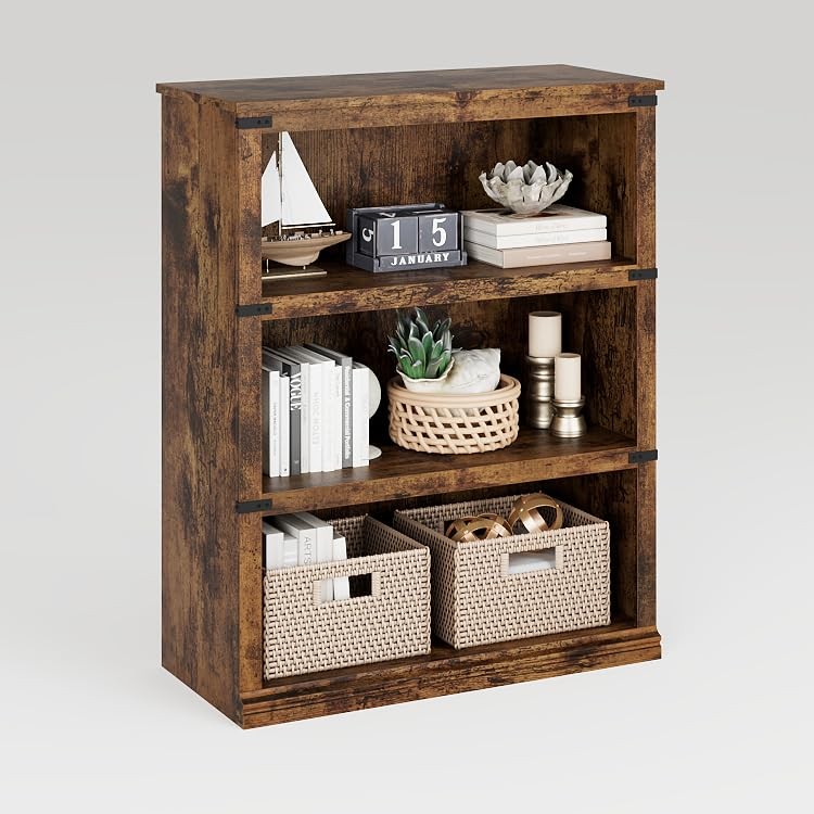 3 Tier Bookcase, Farmhouse Book Shelf with Storage, Low Book Case Wooden 3 Sh...