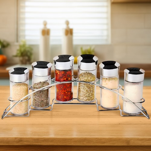 Cheffinger, Set 6 Barattoli 90ml con Supporto Inox per Spezie, Nero / Argento - Foto 2 di 5