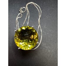 Huge Lemon Quartz Sterling Silver Statement Pendant Necklace 18” Chain