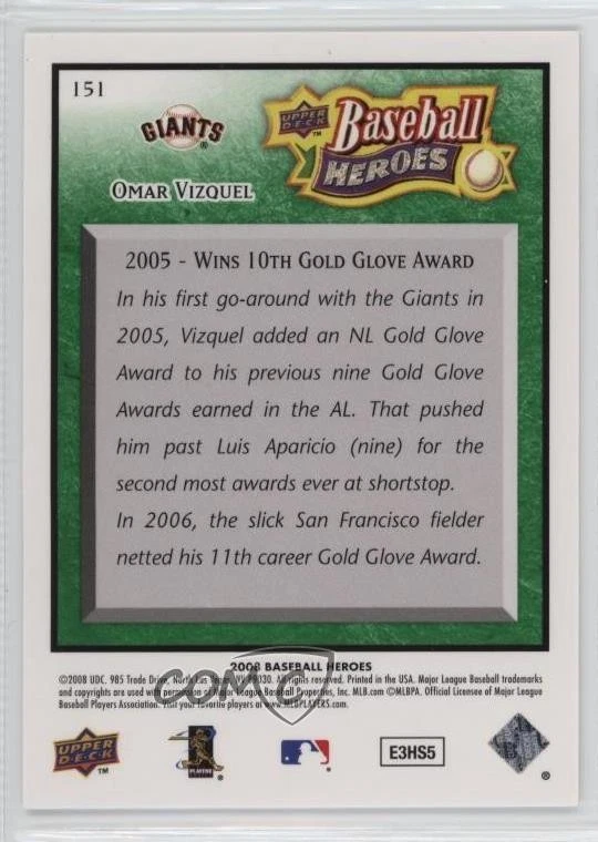 2008 Upper Deck Baseball Heroes Emerald /499 Omar Vizquel #151 - Image 2 of 2