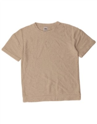 ZARA Herren T-Shirt Oberteil Small Beige Fischgrät Baumwolle LS02