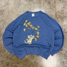 Vintage Blue Cute Kitten Playing In Fall Crewneck Sweatshirt Size L