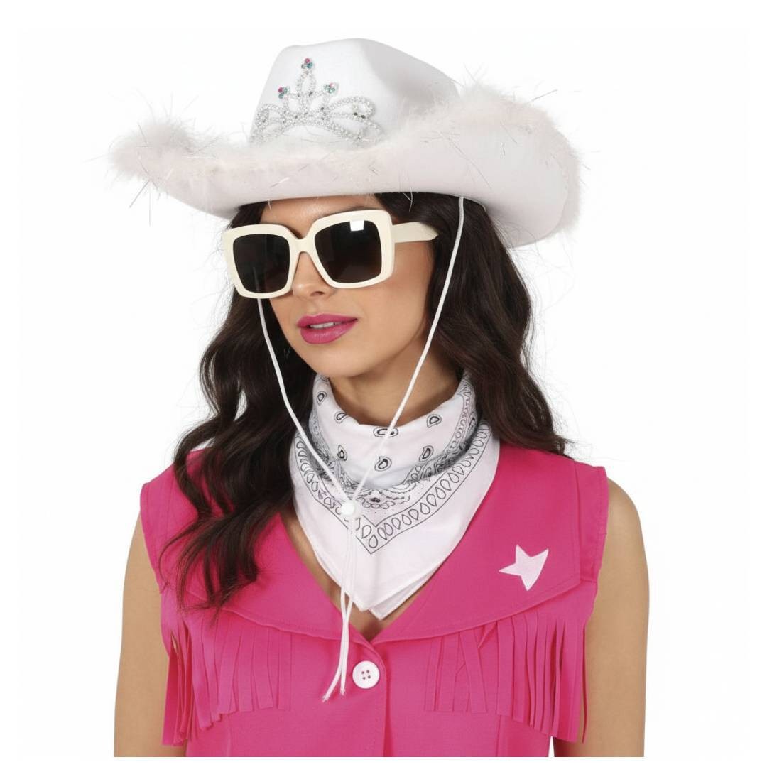 Pack Disfraz Vaquera Blanca Mujer 3 Piezas - Sombrero Cowboy con Tiara y Plumas,
