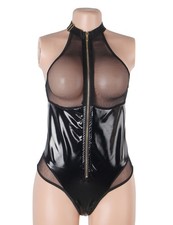 WOW BABE Black Faux Leather Wet Look Mesh See Through Top Bodysuit Size 14