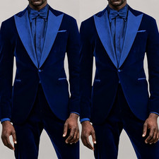 Prom Men Velvet Suit Navy Blue Jacket Tuxedo Satin Peak Lapel Banquet 2Pcs