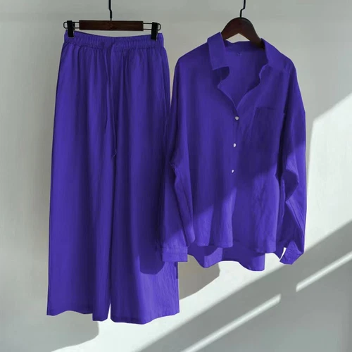 Women Lady Summer Solid Color Cotton Linen Suit Lapel Long Sleeve Top Leg Pants - Bild 12 von 42