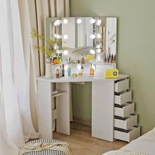 Vanity Set Lighted Mirror Makeup Dressing Corner Table Desk with 5 Drawers White