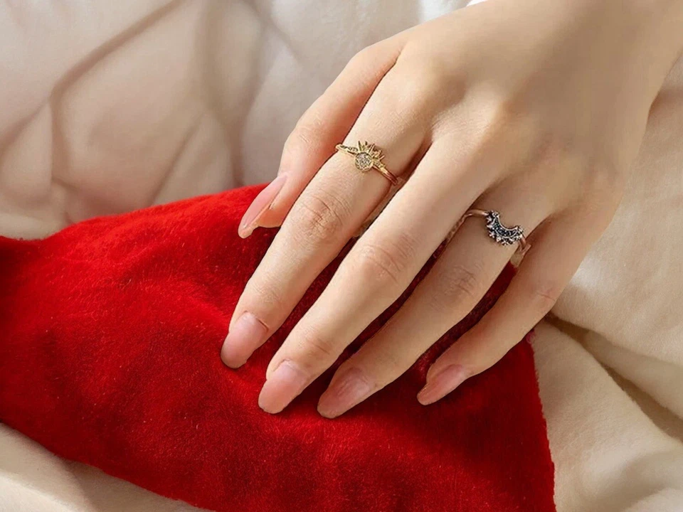 Celestial Sun & Moon Ring Set, Golden Celestial Sun Blue Moon Rings, Unique Ring - Image 3 of 4