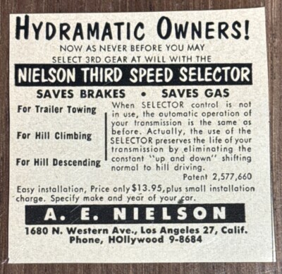 Vintage Auto Racing Magazine Ad - Nielsen Third Speed Hydramatic Selector