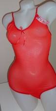 sheer red bodysuit spaghetti straps stretch top bikini leotard M/L mesh