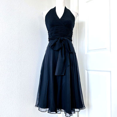 NWT Maggy London Silk Chiffon Halter Neck Cocktail Dress Black Bow Tie  Waist 2 | eBay