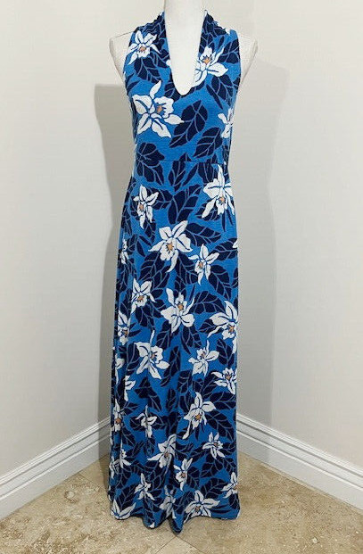 Tommy Bahama Blue White Sleeveless Maxi Dress Floral Linen Blend