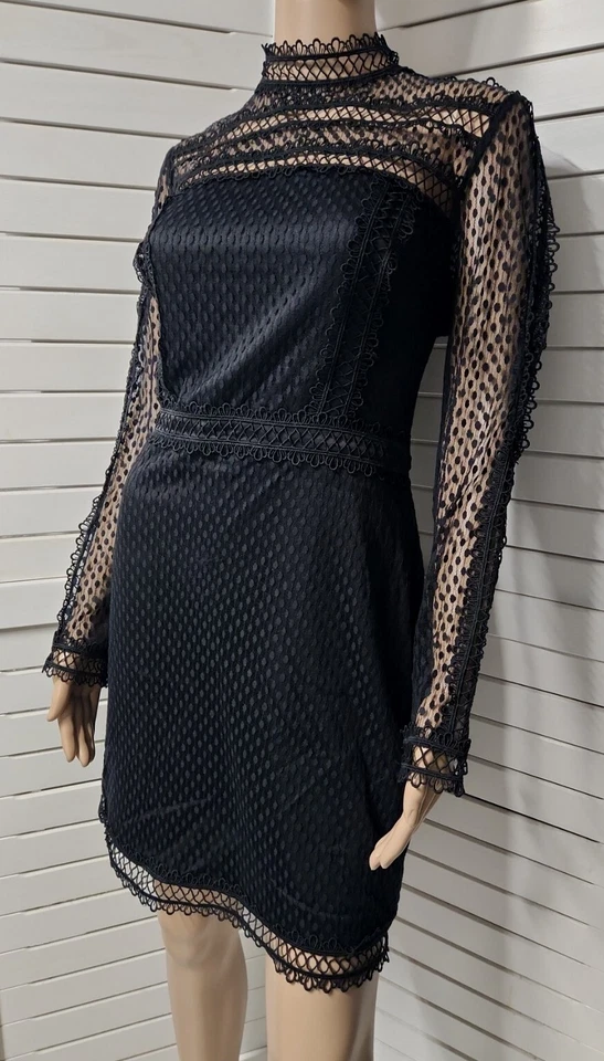 BNWOT BEBE SYDNEY sz S 10 Black Short DRESS Long LACE Sleeve Cocktail #B4 - image 4 of 4