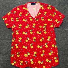 MED WEAR Christmas Holiday Scrub Top Womens M Red Reindeer Present Stars Nurse