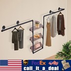 Wall Mount Clothing Rack w/ 3 Tiers Wood Shelf,Industrial Pipe Free Standing