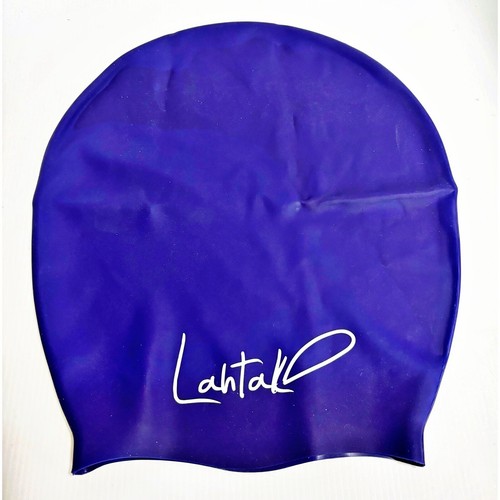 LAHTAK Swim Cap Extra Large 100% Silicone Long Hair Blue Purple w Pouch