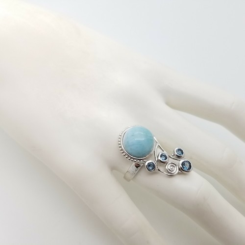 Nuevo anillo floral alargado ""PJC"" 12' mm larimar redondo y topacio azul talla 7 - Imagen 4 de 9