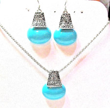 Silver Plated Turquoise Stone 16" Necklace Pierced Earring Set - NWOT 1587