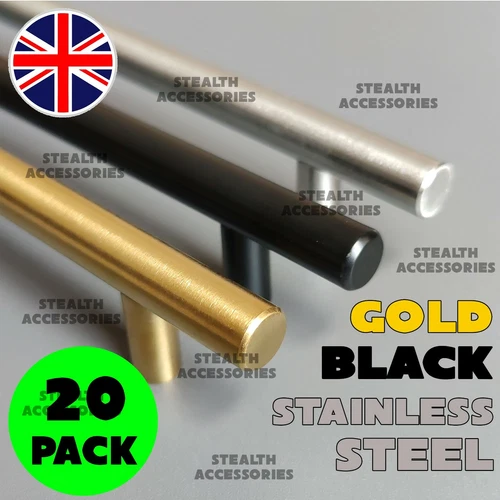 20 x Brushed Steel Gold or Black T Bar Handles Kitchen Cabinet Door Cupboard