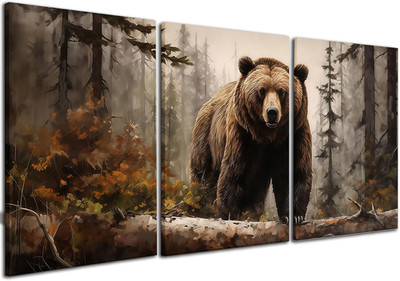 3 Pcs Framed Grizzly Brown Bearin Misty Forest - Canvas Wall Art Wildlife