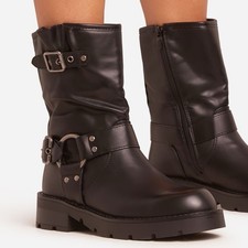 Ego Brooks Buckle Ring Detail Ankle Biker Boot In Black Faux Leather UK 6