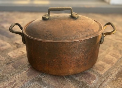 Vintage Hammered Copper Large Stew Pot with Lid & Brass Handles