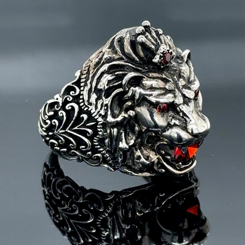 925 Silver Ruby Eyes Leon Head Animal Signet Ring - Image 3 of 4