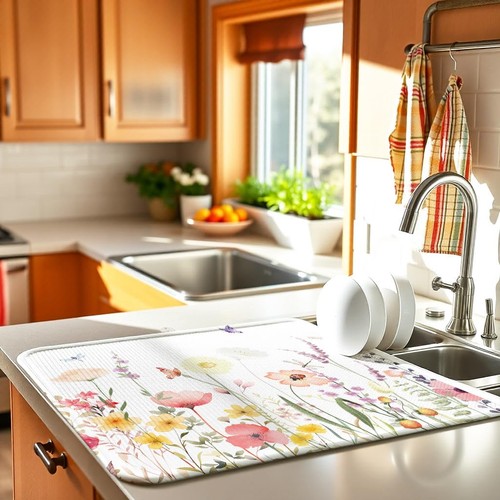 Blue Floral Spring Large Dish Drying Mat for Kitchen Counter 18x24 Microfiber... - Picture 2 of 7