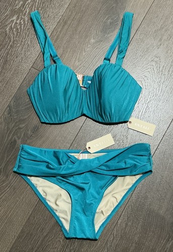 NUEVO Bikini Antalia 2 Piezas Acanalado Bandeau Turquesa Oro Rosa Herrajes Talla 8 - Imagen 1 de 4