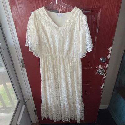 Baltic Born White Floral Lace V-Neck Short Sleeve Midi Dress XL Regular