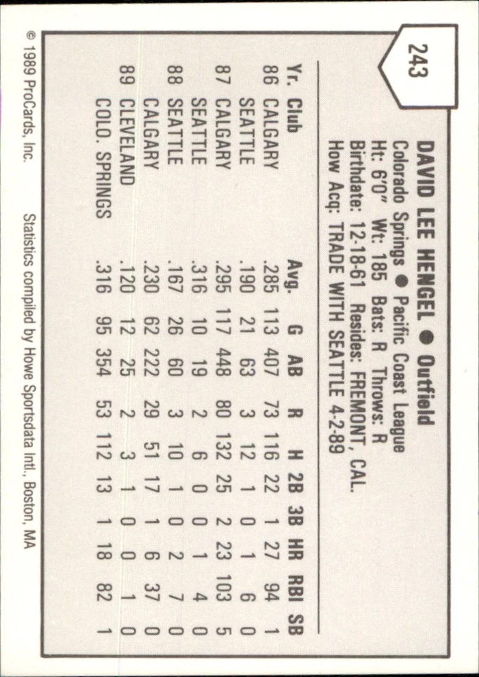 Dave Hengel 1989 ProCards Minors T/S #243 RC Colorado Springs Sky Sox - Image 2 of 2