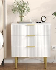3 Drawer Nightstand with Charging Station, 23.2" W Large Fluted Night Stand, Mod