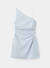Ruched asymmetric check dress Mango blue and white mini size 8