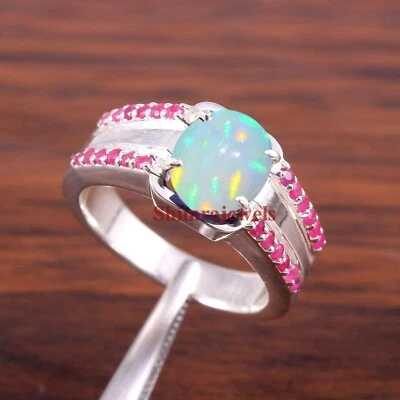 Natürlicher Opal & Geheizter Rubin Mit 925 Sterling Silberring Für Männer #1119 - Bild 1 von 4