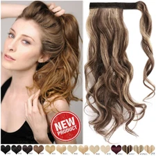 Real 100% Clip In REMY Human Hair Extension Pony Wrap Around Ponytail Body Wave