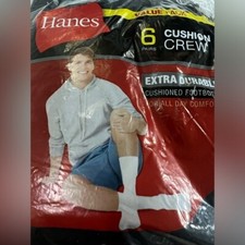   HANES ATHLETIC CUSHION CREW BLACK SOCKS 6 PAIRS MEN'S SIZE LARGE 6-12 NWT USA