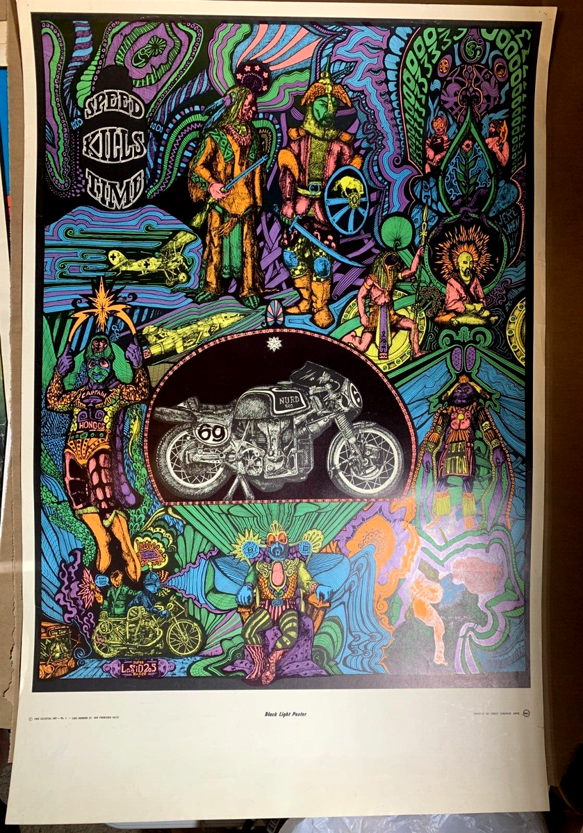 SPEED KILLS TIME VINTAGE 1968 MOTORCYCLE BLACKLIGHT POSTER By