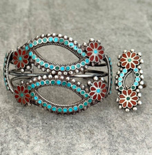 Vintage ZUNI M&R LIDASE Turquoise Coral Channel Inlay Sterling Bracelet Ring Set