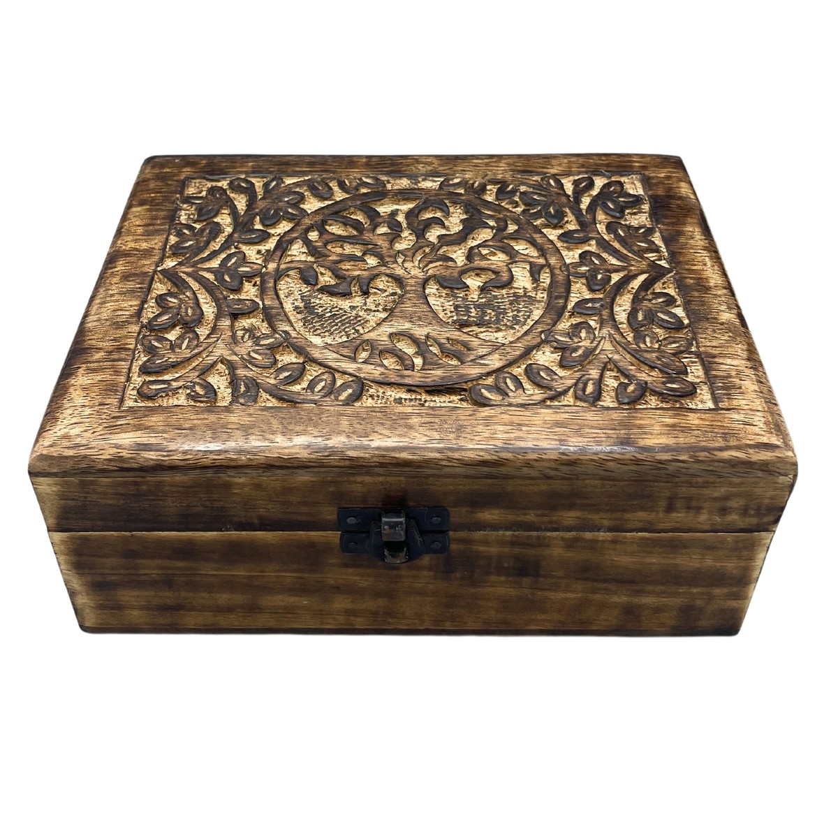 Hand-Carved Indian Mango Wood Tree of Life Keepsake Box with Metal